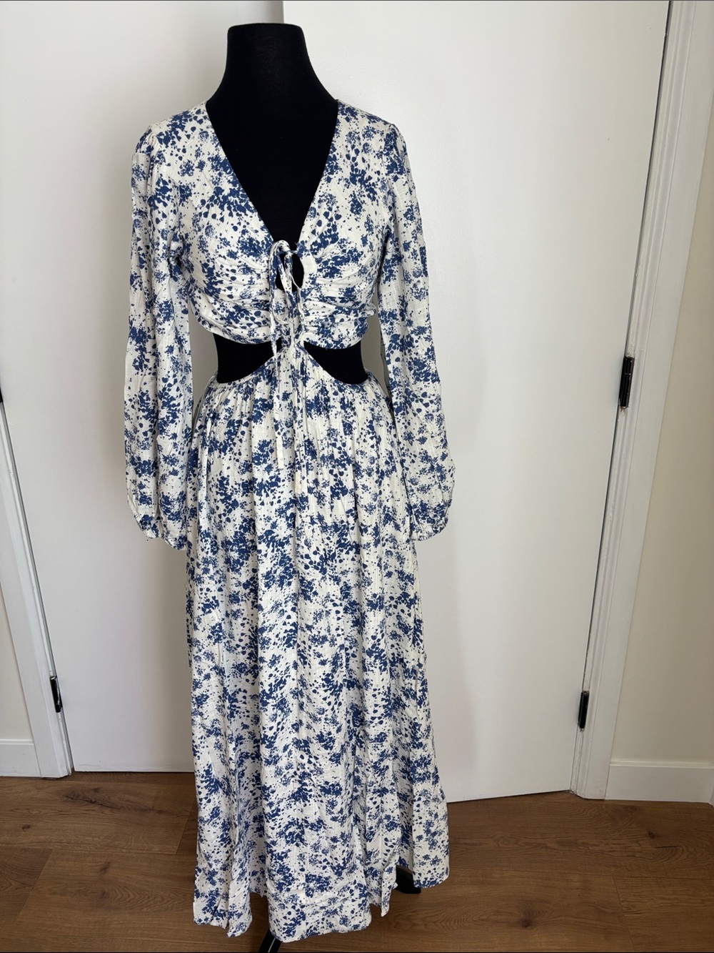 Blue & White Floral Cutout Maxi Dress